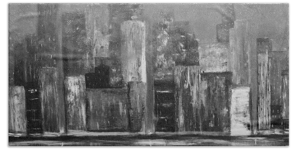 Black And White Bath Towel featuring the painting Dark Clouds Over the City by Dick Bourgault
