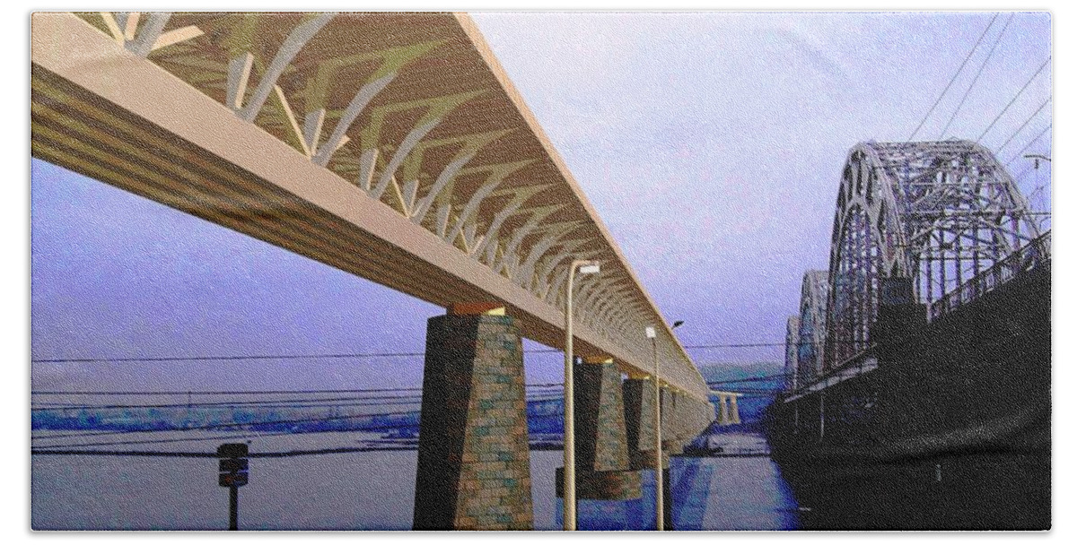 Bridge Concept Hand Towel featuring the drawing Darnitsky Bridge by Oleg Zavarzin