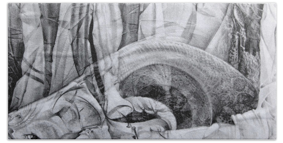 Surrealism Hand Towel featuring the drawing Das Monster hat sich im ungebuegelten Hintergrund versteckt by Otto Rapp