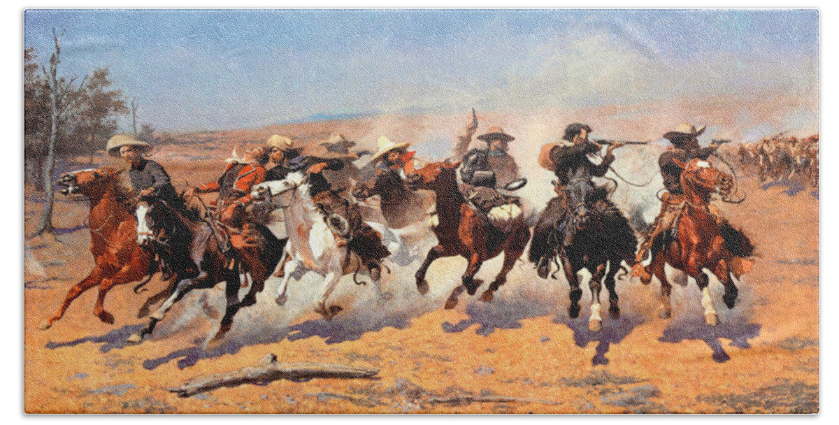 Dash For The Timber Bath Towel featuring the digital art Dash For The Timber by Frederic Remington