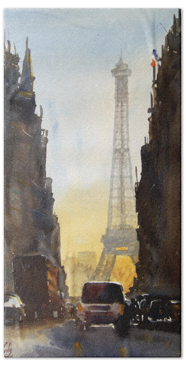 Paris Hand Towel featuring the painting Dawn in Paris by James Nyika