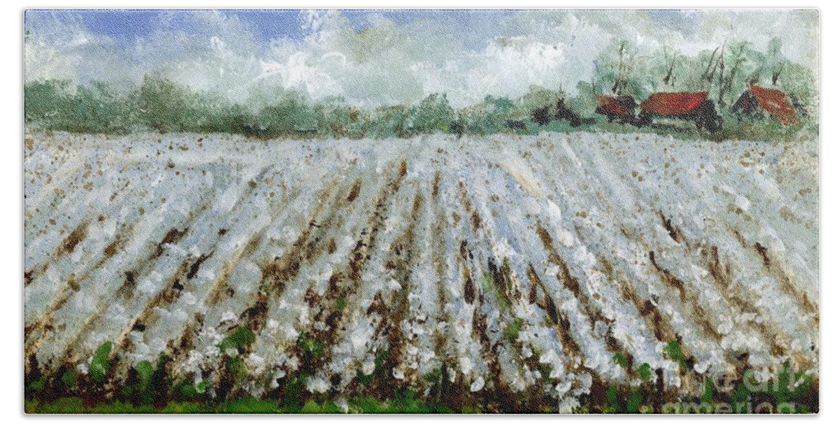 Cotton Bath Towel featuring the painting Delta Cotton Field by Virginia Potter