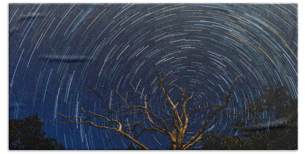 Star Hand Towel featuring the photograph Dead oak with star trails by Paul Freidlund