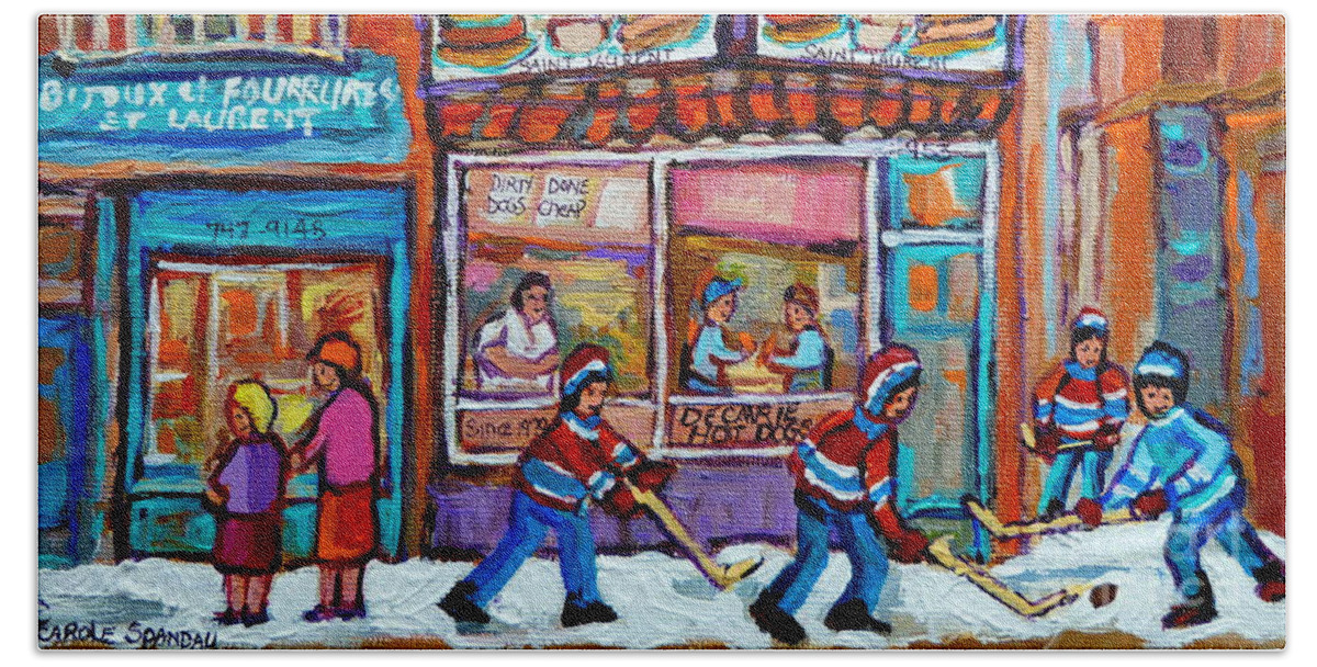 Montreal Bath Towel featuring the painting Decarie Hot Dog Restaurant Ville St. Laurent Montreal by Carole Spandau