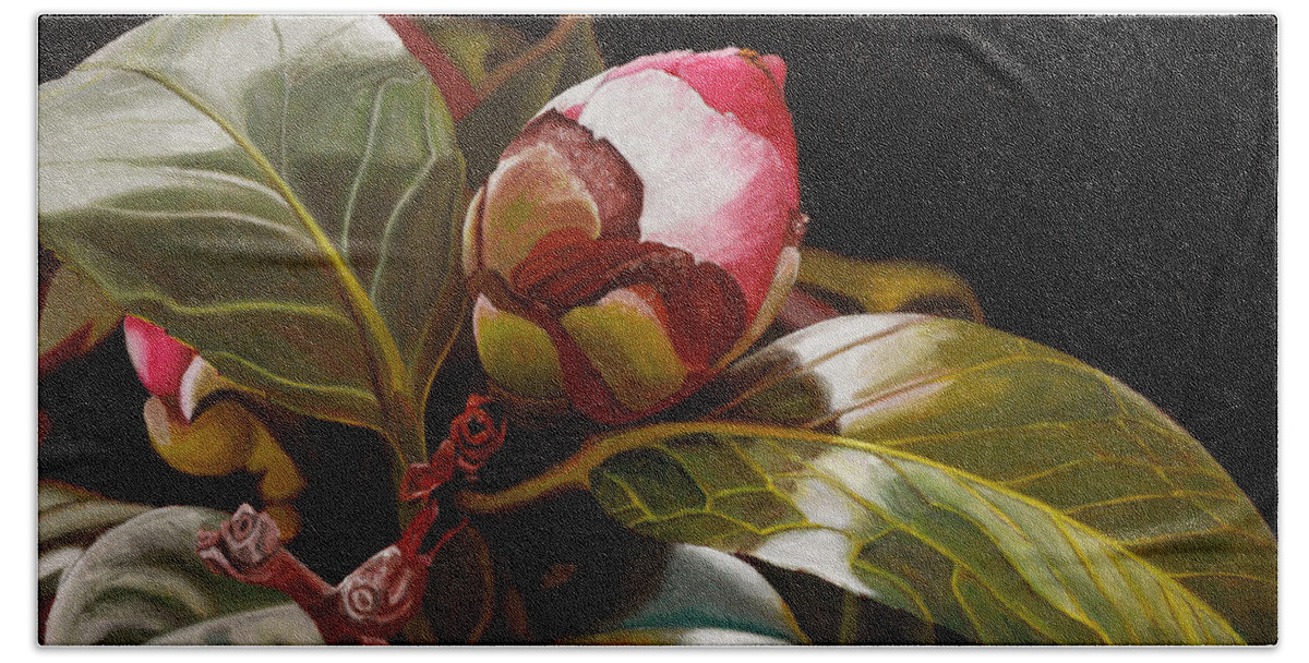 Rose Hand Towel featuring the painting December Rose by Thu Nguyen