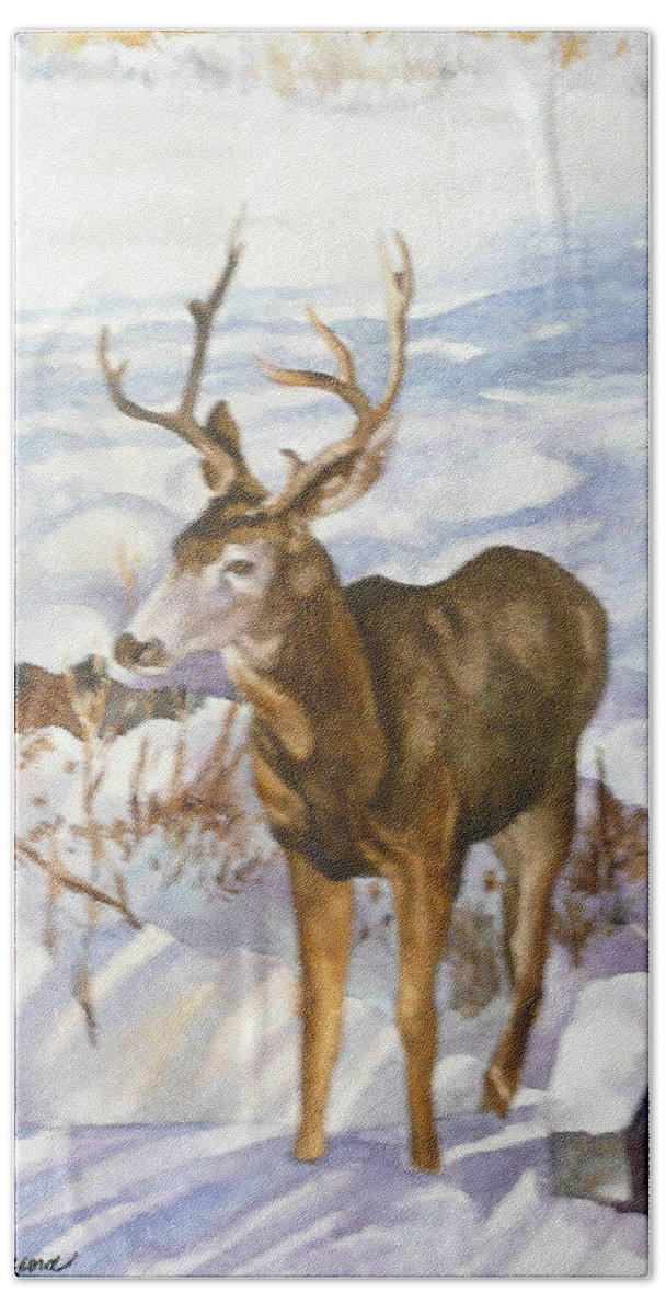 Deer Painting Hand Towel featuring the painting Deer at Bob's House by Anne Gifford