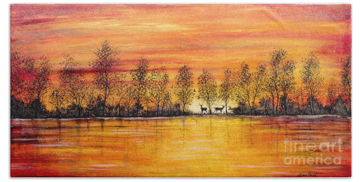 Deer Painting Bath Towel featuring the painting Deer At Sunset by Jean Plout