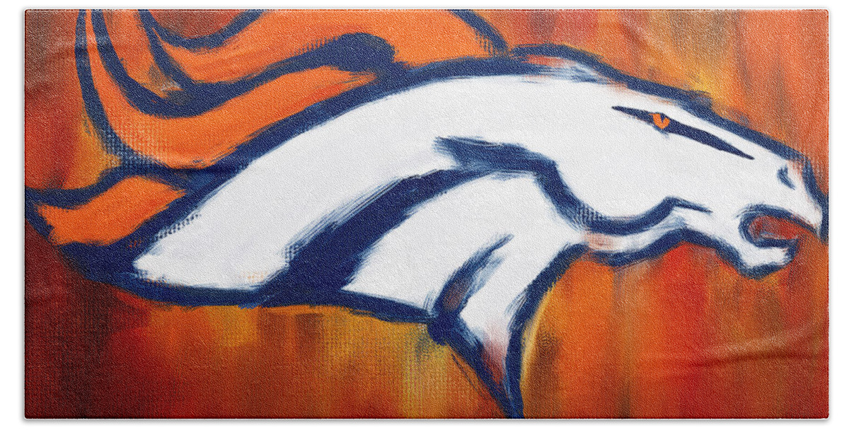 Denver Broncos Bath Towel featuring the painting Denver Broncos by Lourry Legarde