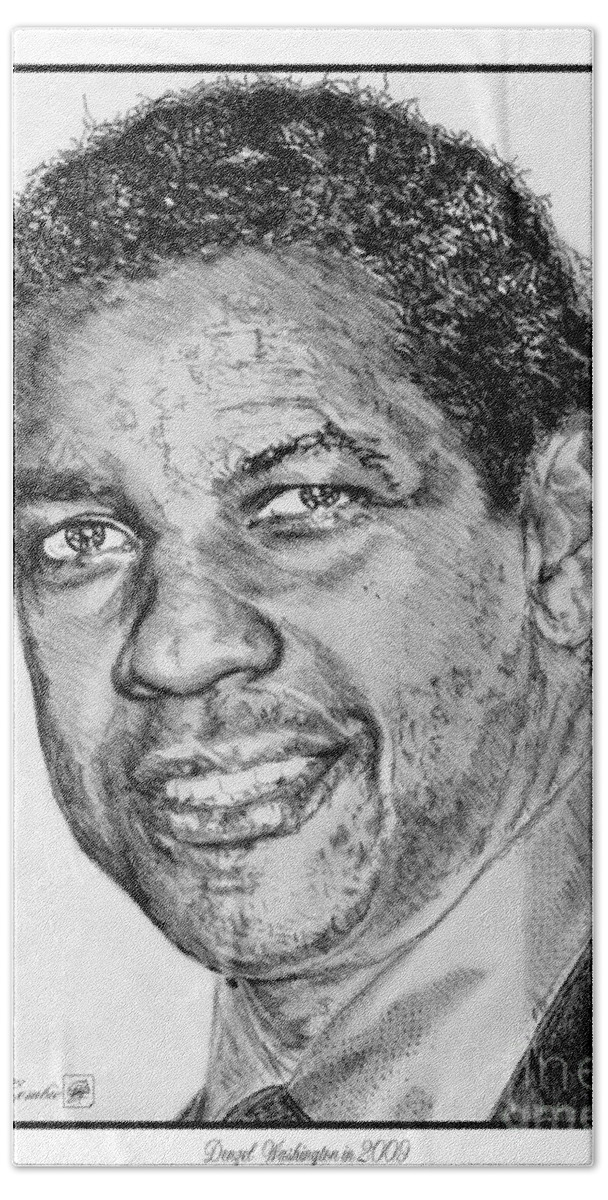 Mccombie Hand Towel featuring the drawing Denzel Washington in 2009 by J McCombie