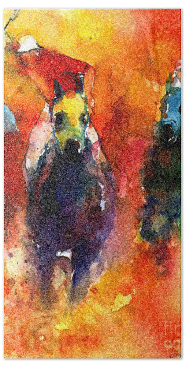Polo Horse Hand Towel featuring the painting Derby Horse race racing by Svetlana Novikova