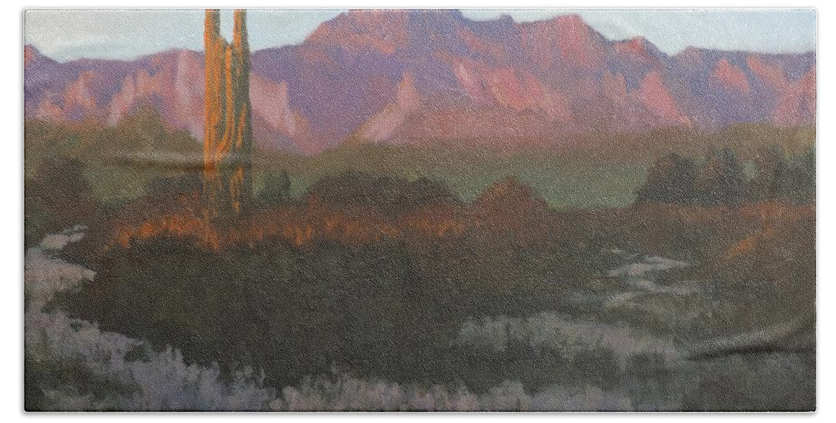 Arizona Hand Towel featuring the painting Desert Sunset Glow by Bill Tomsa