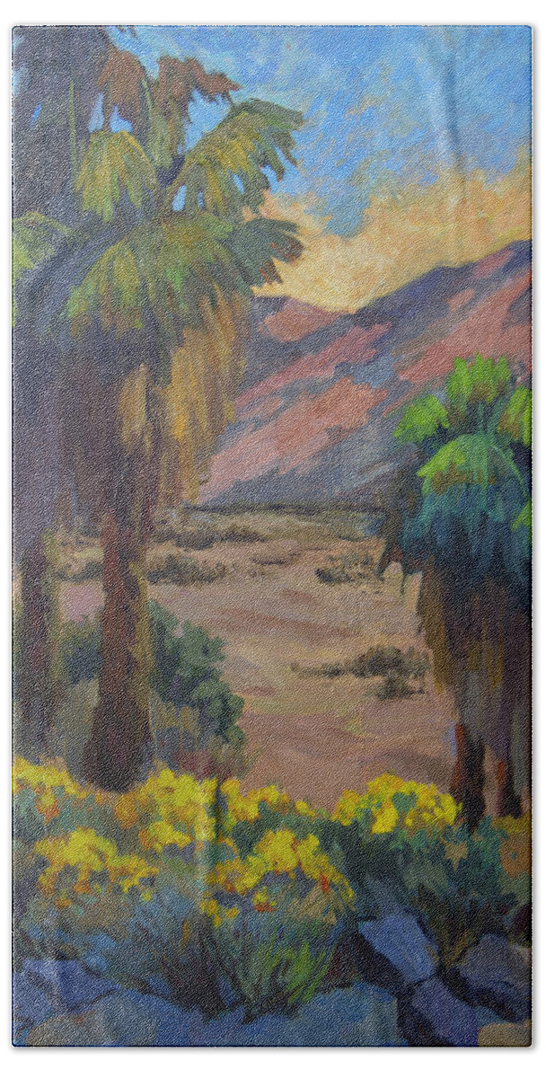 Indian Canyons Hand Towel featuring the painting Desert Marigolds at Andreas Canyon by Diane McClary