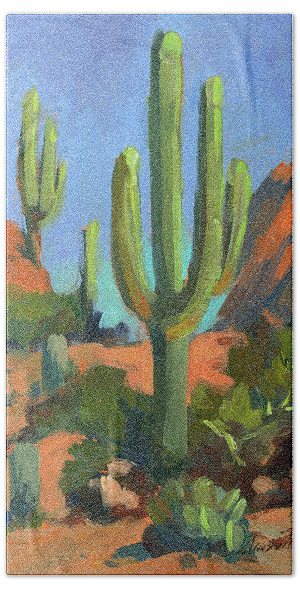 Desert Morning Bath Towel featuring the painting Desert Morning Saguaro by Diane McClary