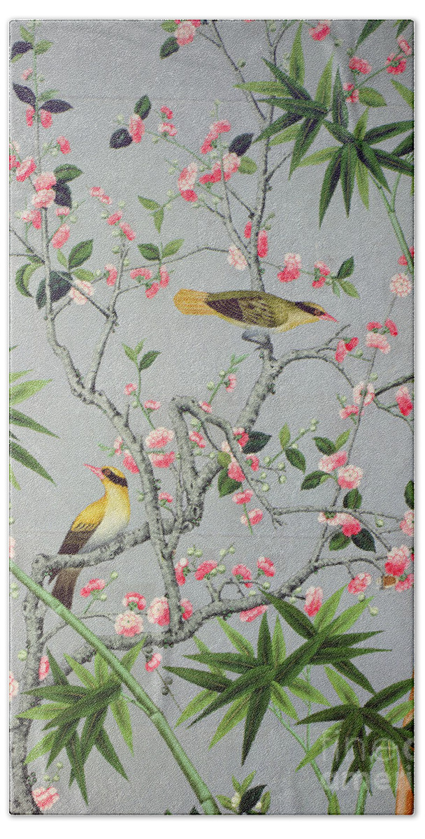 Bird Bath Towel featuring the tapestry - textile Detail of the 18th century wallpaper in the drawing room photograph by John Bethell