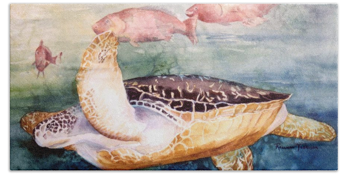 Sea Turtle Bath Towel featuring the painting Determined - Loggerhead Sea Turtle by Roxanne Tobaison
