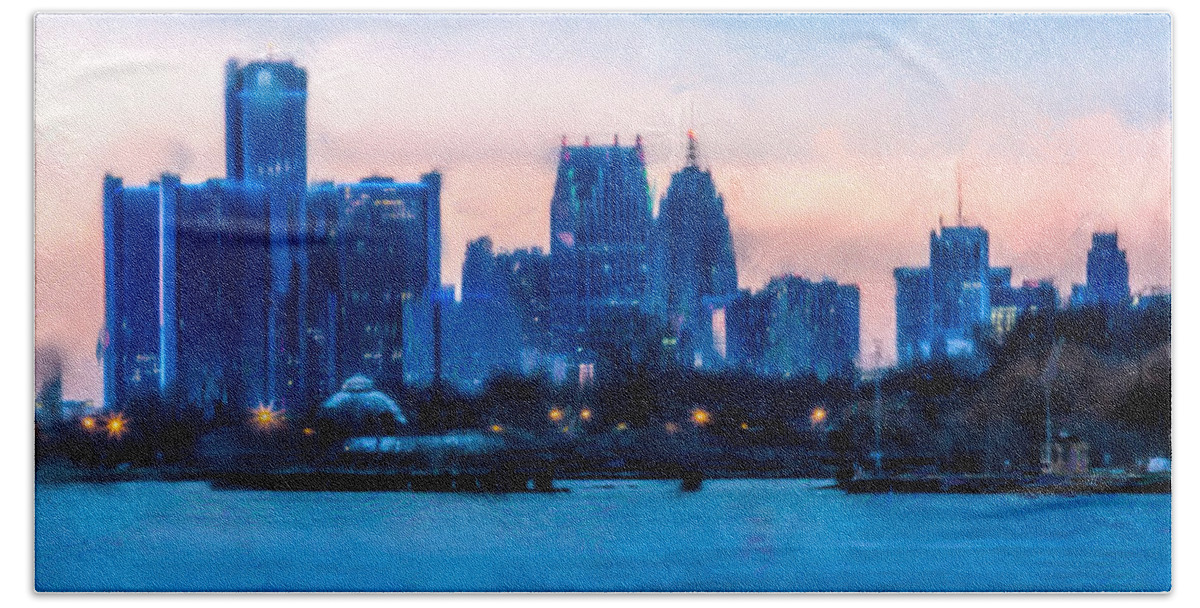 Detroit Hand Towel featuring the photograph Detroit Skyline At Dusk by Thomas Leparskas