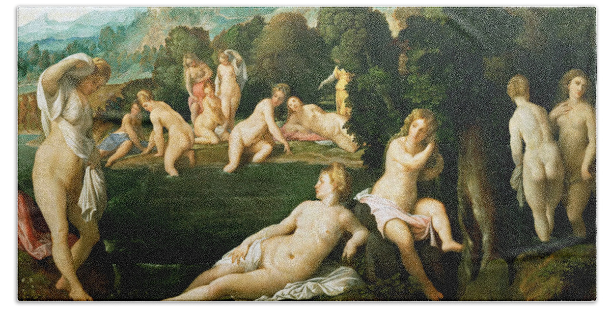 Palma Vecchio Bath Towel featuring the painting Diana and Callisto by Palma Vecchio