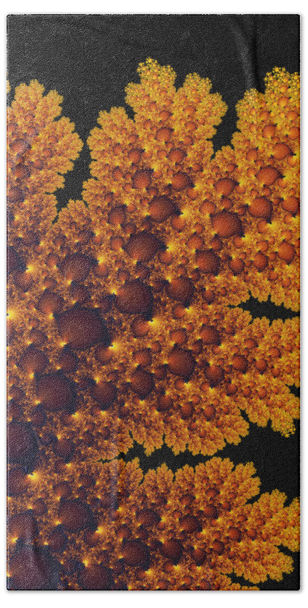 Golden Hand Towel featuring the digital art Digital warm golden fractal leaf black background by Matthias Hauser