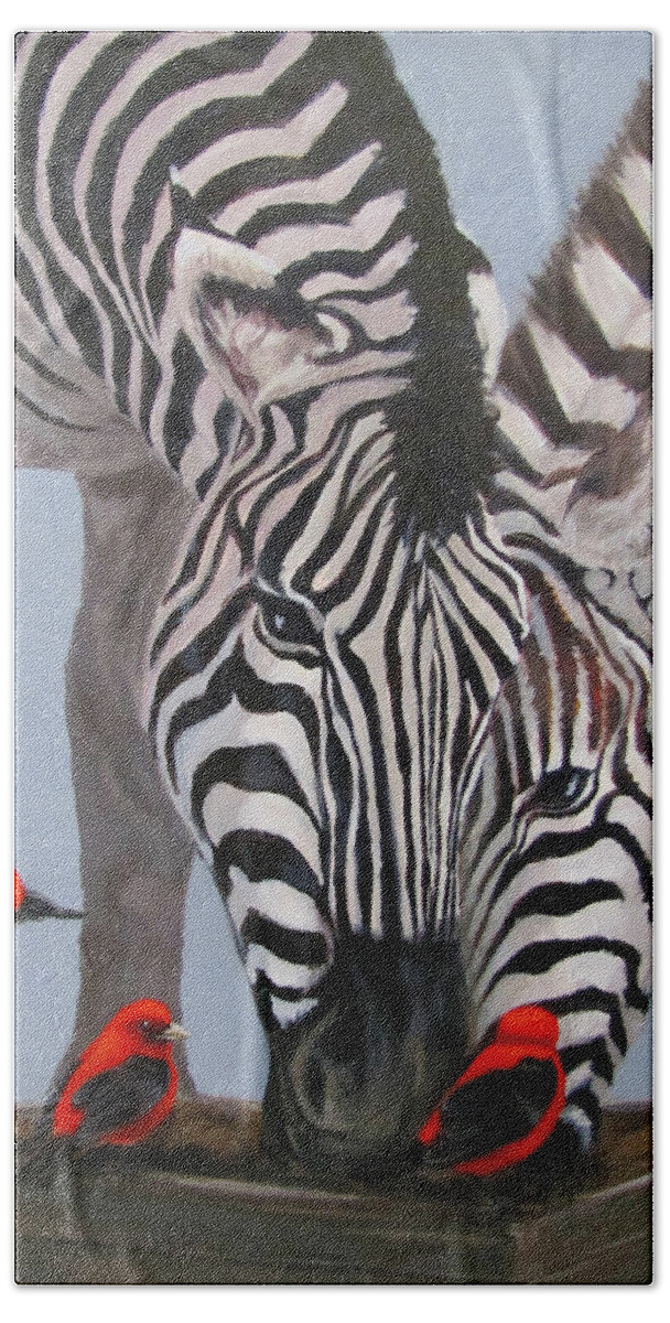 Zebra Hand Towel featuring the painting Dinner Guests by Karen Ilari
