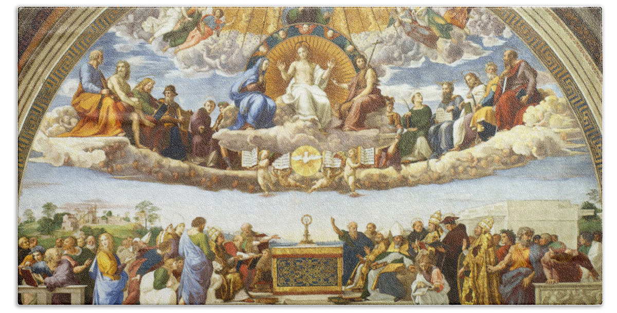Disputation Of Holy Sacrament Bath Towel featuring the painting Disputation of Holy Sacrament. by Raphael
