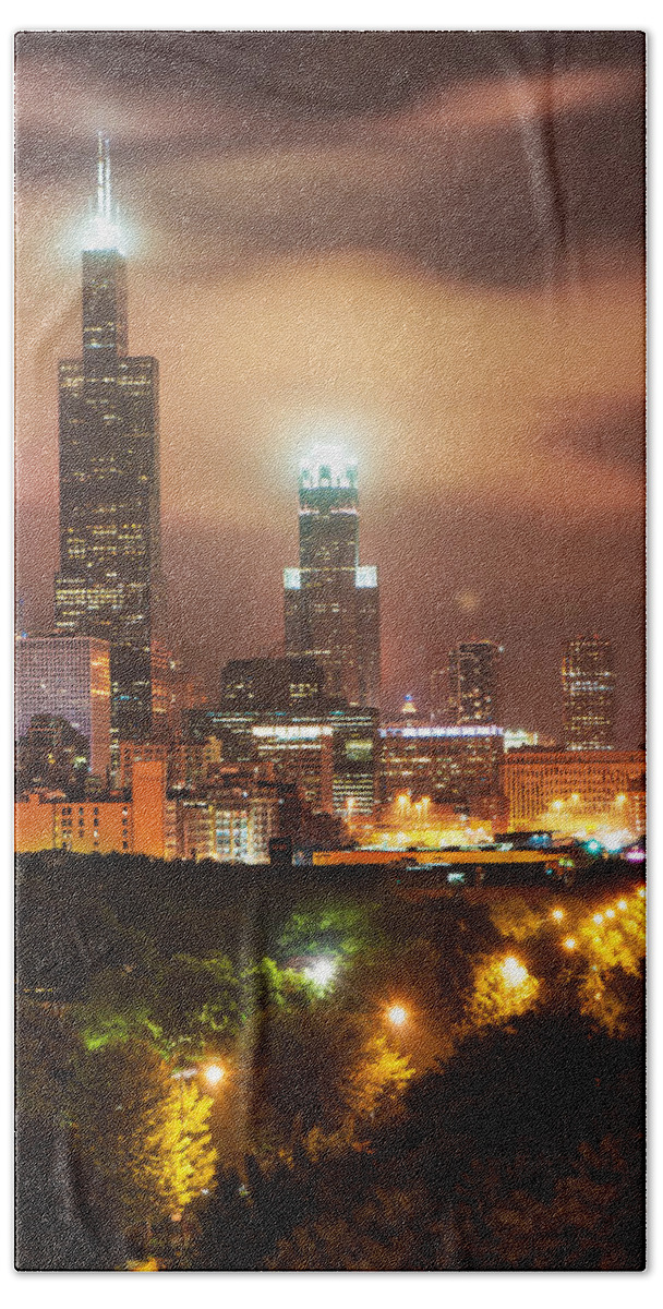 America Bath Towel featuring the photograph Distant Lights - Chicago Illinois Skyline by Gregory Ballos