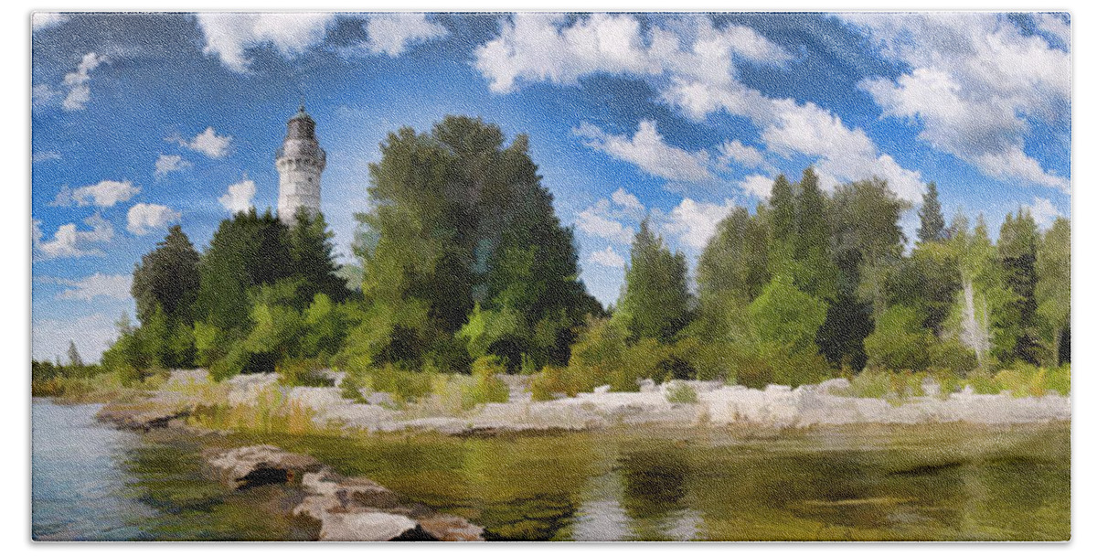 Door County Bath Towel featuring the painting Door County Cana Island Lighthouse Panorama by Christopher Arndt