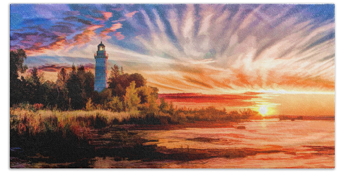 Door County Hand Towel featuring the painting Door County Cana Island Lighthouse Sunrise Panorama by Christopher Arndt