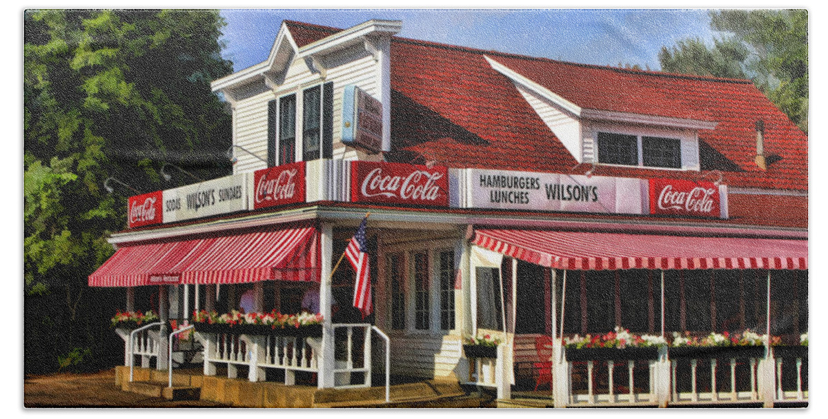 Door County Hand Towel featuring the painting Door County Wilson's Ice Cream Store by Christopher Arndt