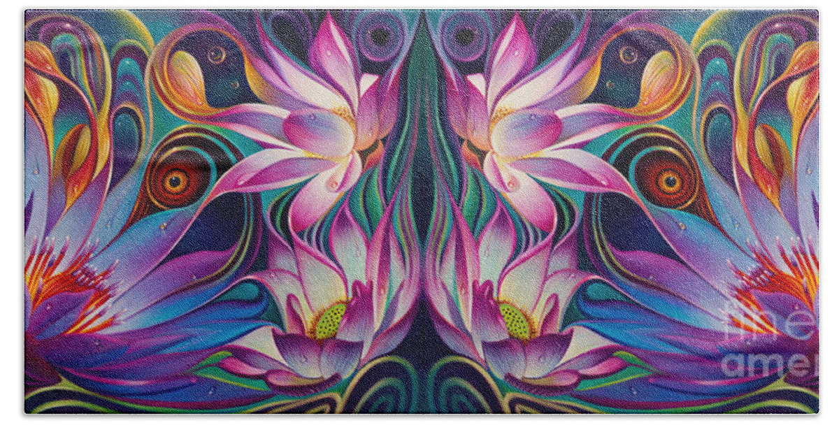 Lotus Hand Towel featuring the painting Double Floral Fantasy 2 by Ricardo Chavez-Mendez