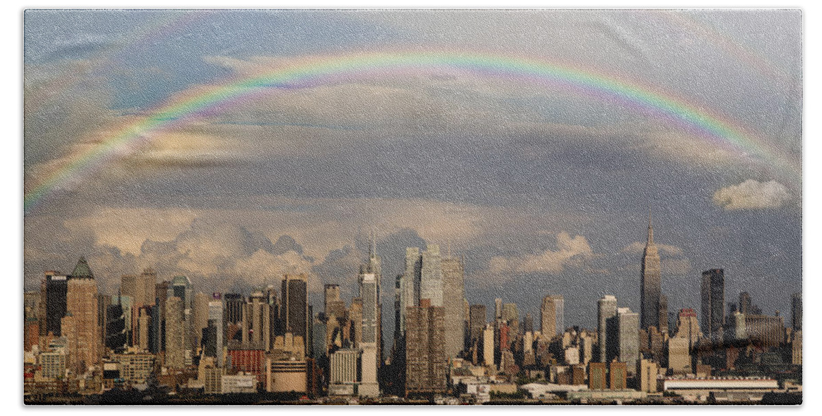 New York City Skyline Hand Towel featuring the photograph Double Rainbow Over NYC by Susan Candelario