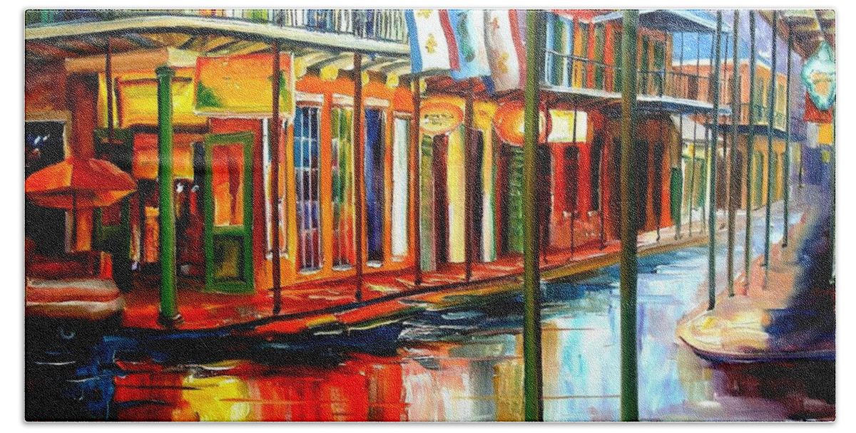 New Orleans Hand Towel featuring the painting Downpour on Bourbon Street by Diane Millsap