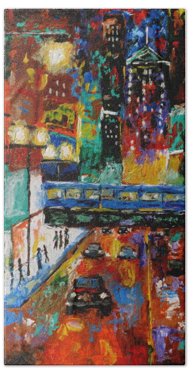 Chicago Art Hand Towel featuring the painting Downtown Friday Night by J Loren Reedy