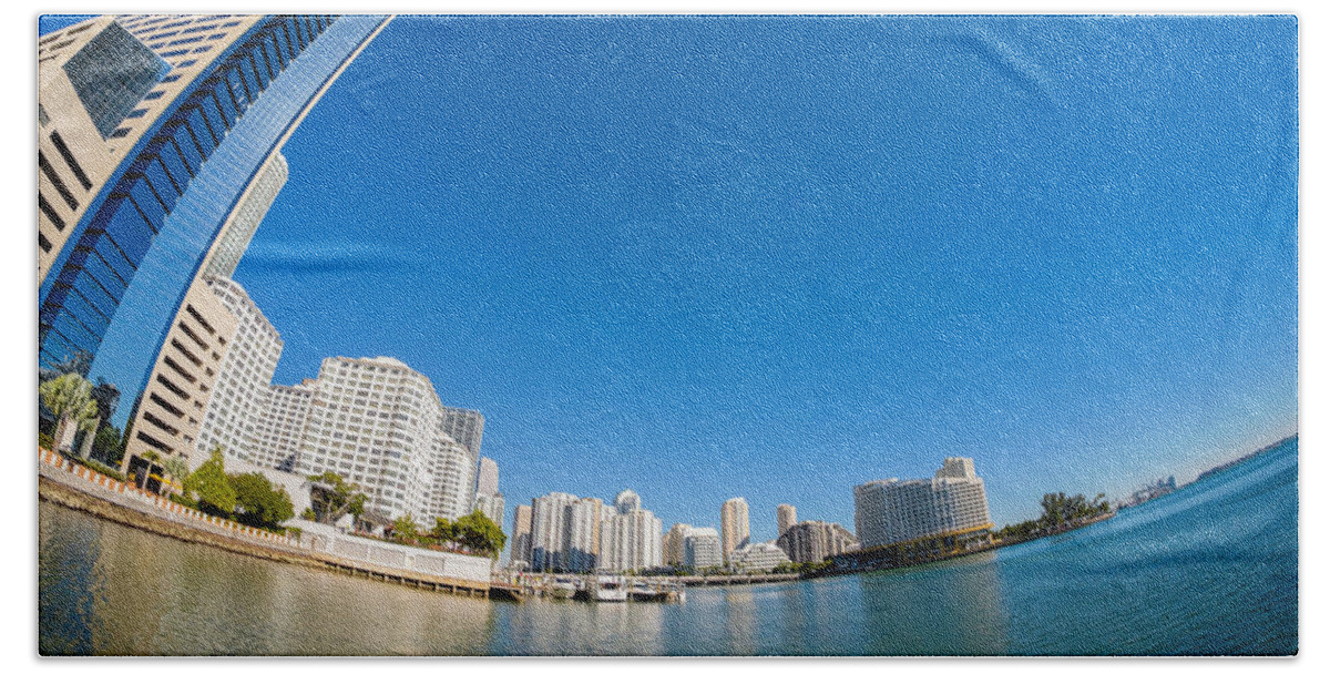 Architecture Bath Towel featuring the photograph Downtown Miami Bay Fisheye by Raul Rodriguez