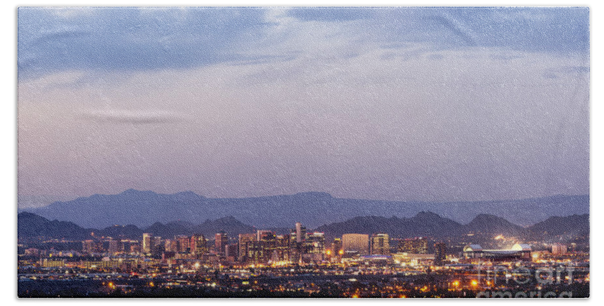 Downtown Bath Towel featuring the photograph Downtown Phoenix Arizona dusk panorama by Ken Brown