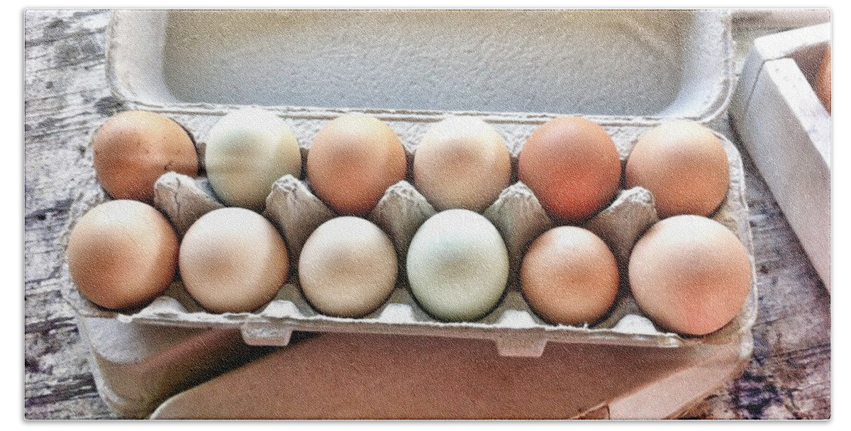 Carton Of Eggs Hand Towel featuring the photograph Dozen Eggs by Susan Garren