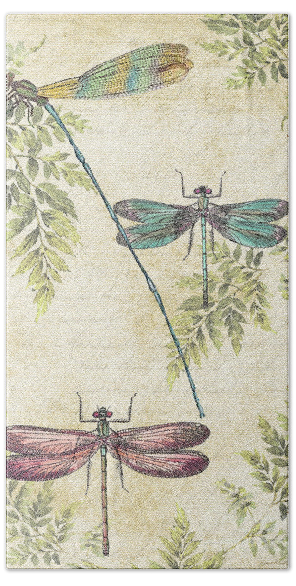 Fern Hand Towel featuring the painting Dragonflies in the Summertime-JP2325 by Jean Plout