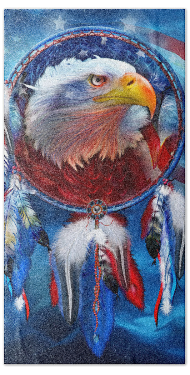 Carol Cavalaris Bath Towel featuring the mixed media Dream Catcher - Eagle Red White Blue by Carol Cavalaris