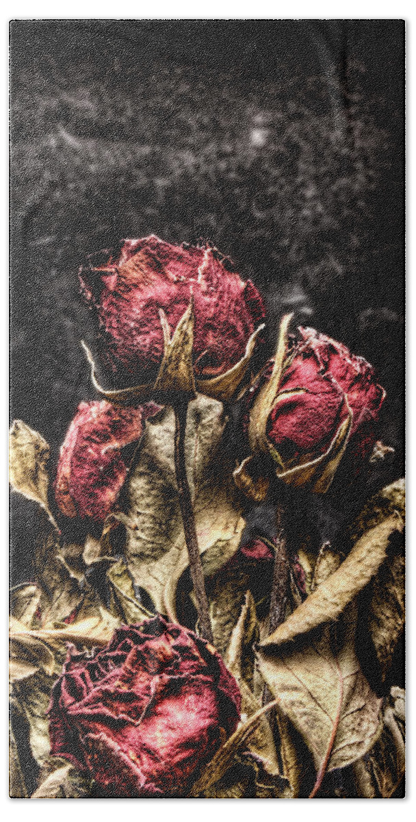 Dry Roses Bath Towel featuring the photograph Dry Roses In Black by Weston Westmoreland