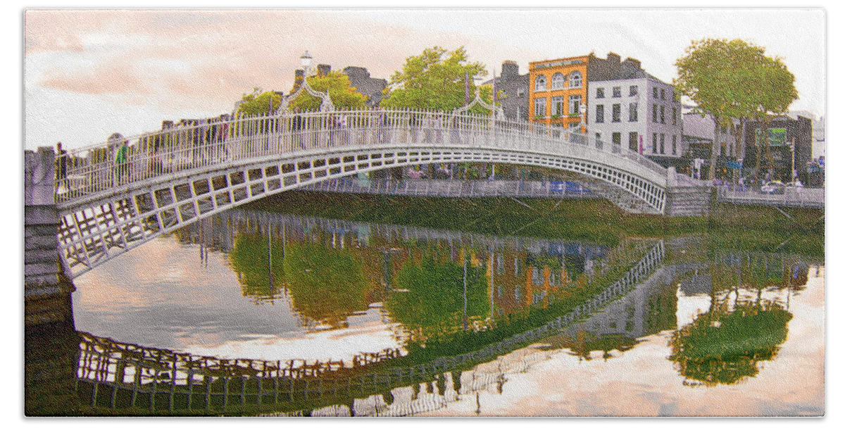  Ha'penny Bridge Hand Towel featuring the painting Dublin - Ha'penny Bridge 2 by Alex Art