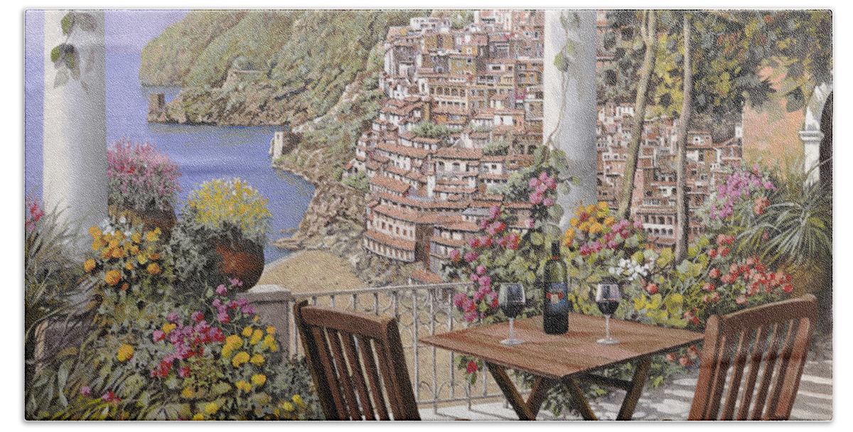 Positano Hand Towel featuring the painting aperitivo a Positano by Guido Borelli