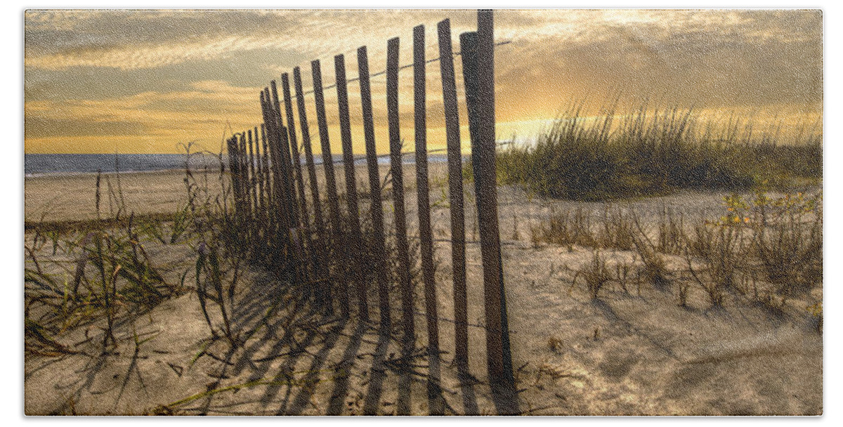 Clouds Bath Towel featuring the photograph Dune Fence at Sunrise by Debra and Dave Vanderlaan