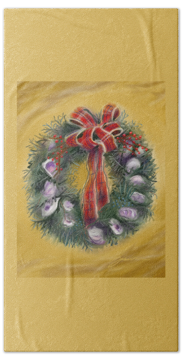 Wreath Hand Towel featuring the painting Duxbury Oyster Wreath by Jean Pacheco Ravinski