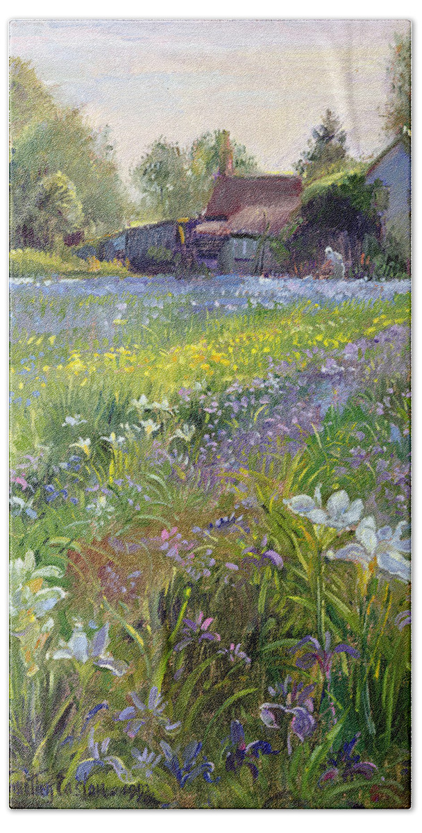 Rural Bath Towel featuring the painting Dwarf Irises And Cottage by Timothy Easton