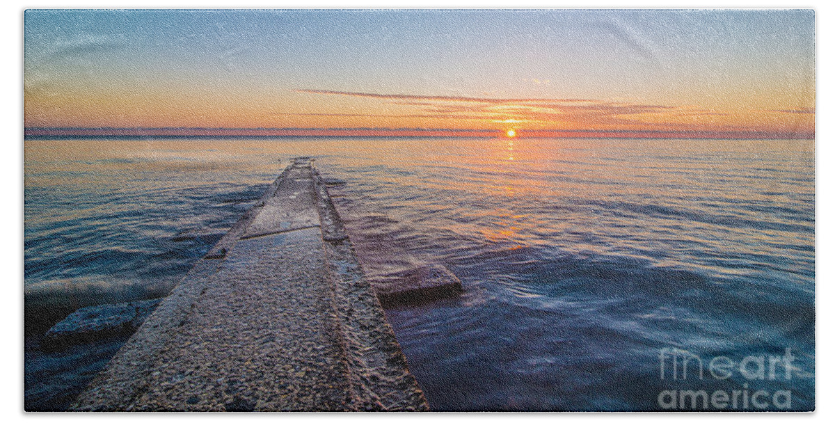 Beach Hand Towel featuring the photograph Early Breakwater Sunrise by Andrew Slater