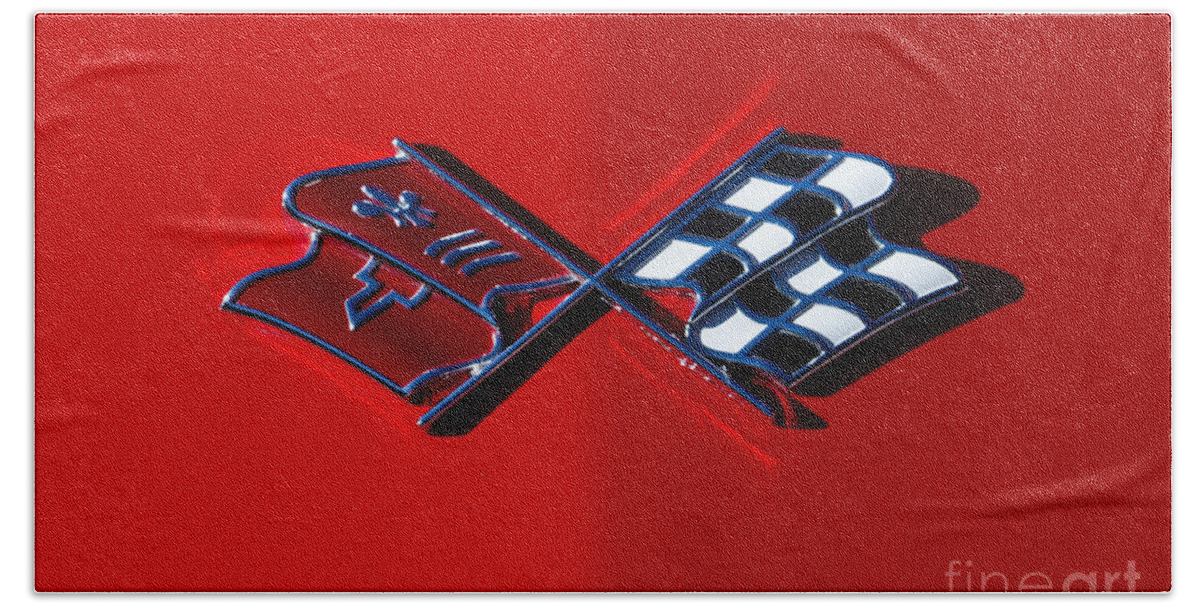 Corvette Hand Towel featuring the photograph Early C3 Corvette emblem red by Dennis Hedberg