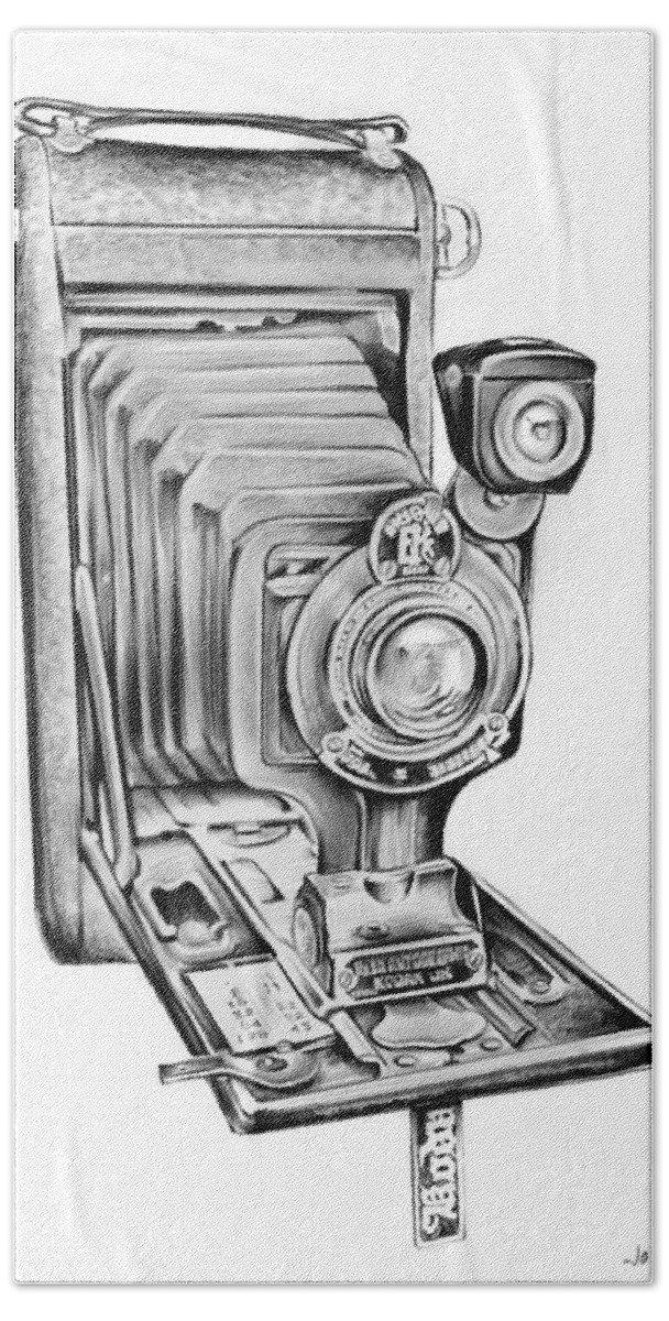 Kodak Camera Hand Towel featuring the drawing Early Kodak Camera by Greg Joens