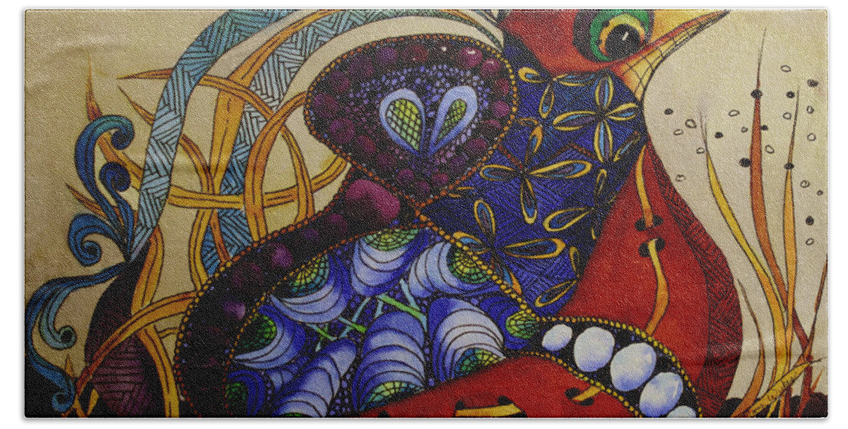 Zentangle Bath Towel featuring the painting Early Worm Gets the Bird by Mary Beglau Wykes