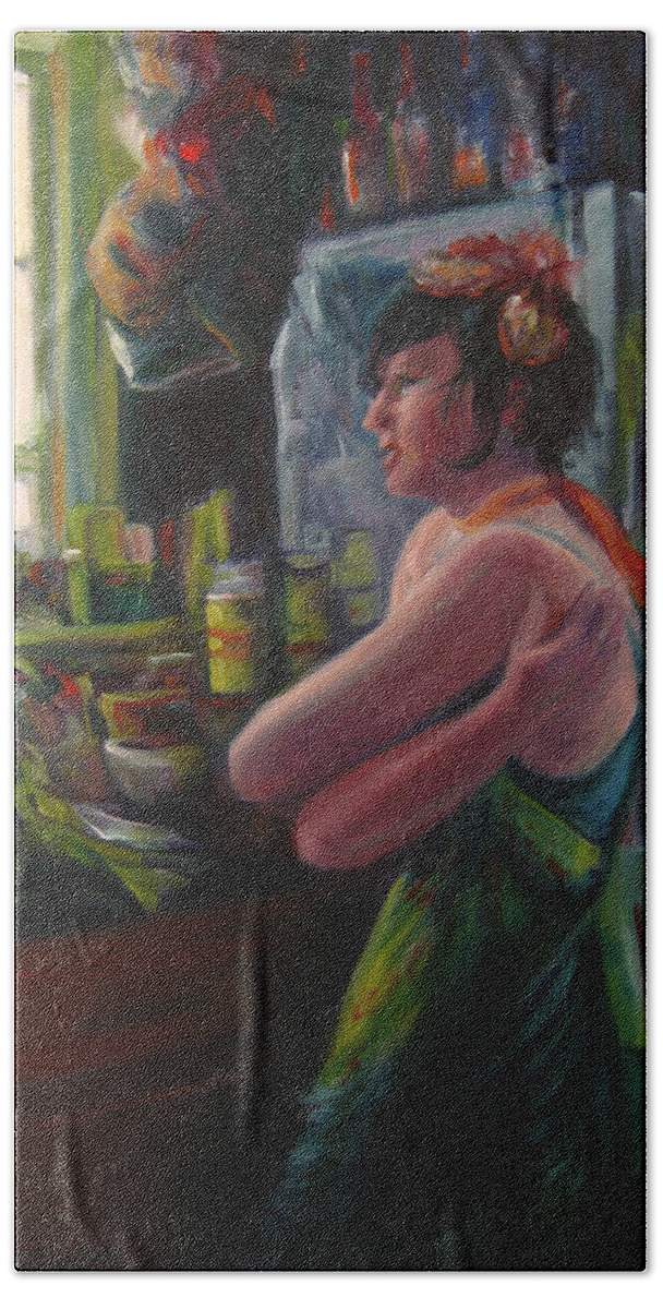 Girl Bath Towel featuring the painting East Side Colors by Connie Schaertl
