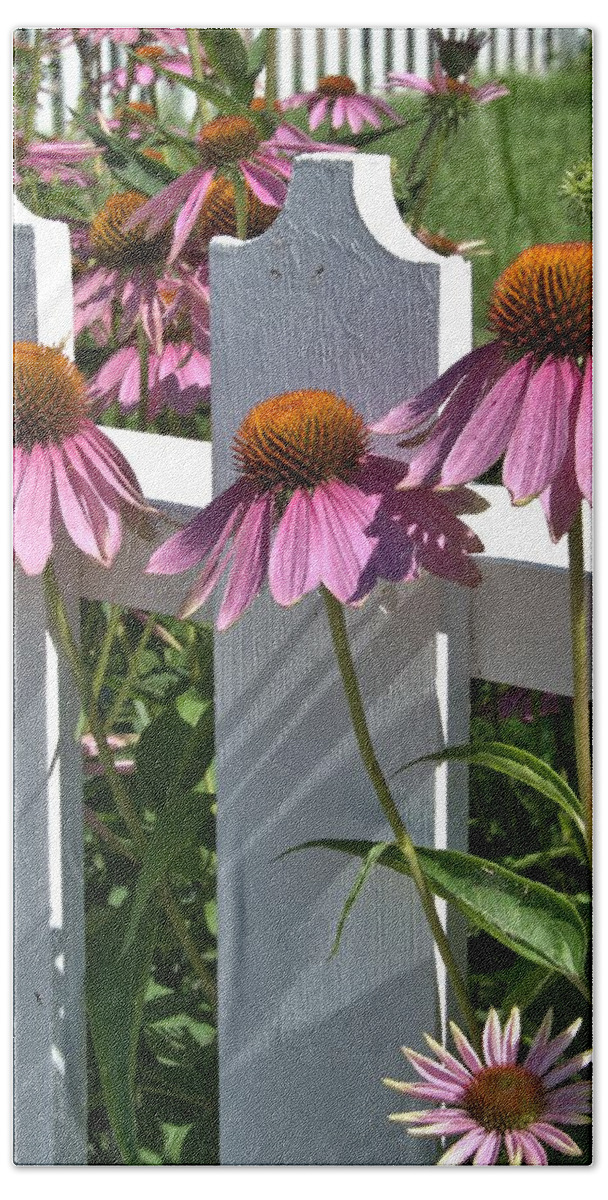 Echinacea Hand Towel featuring the photograph Echinacea and a White Picket Fence by Valerie Kirkwood