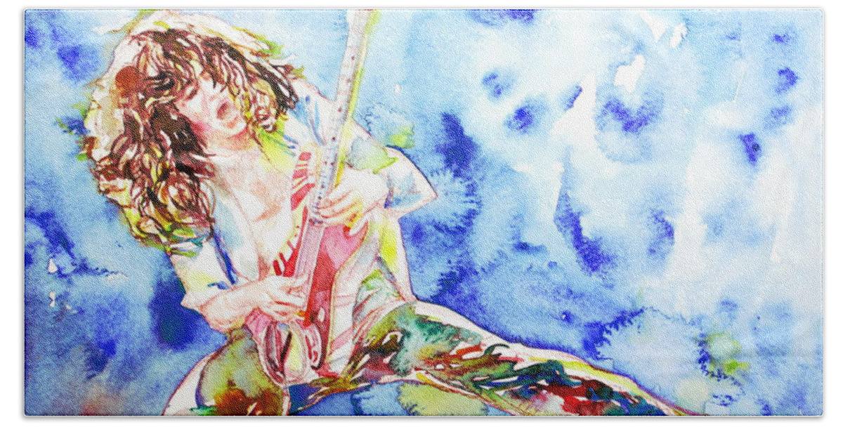 Van Halen Bath Towel featuring the painting EDDIE VAN HALEN PLAYING the GUITAR.1 watercolor portrait by Fabrizio Cassetta
